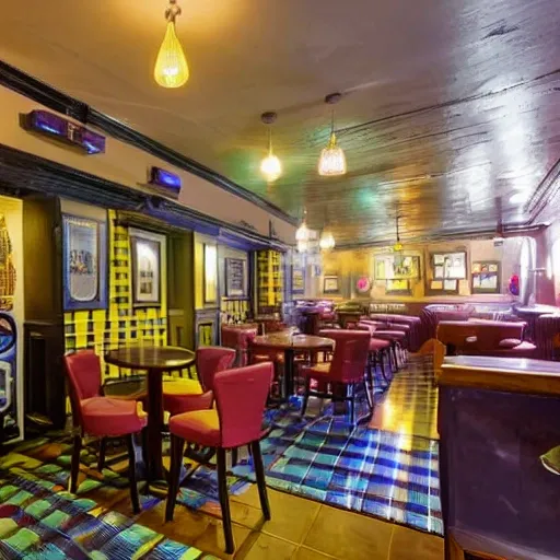 a second floor of a big pub with good ilumitation, a balcon for smokers, a zone for games, 3D