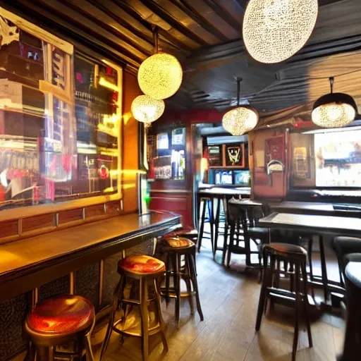 a second floor of a big pub with good ilumitation, a balcon for smokers, a zone for games, 3D