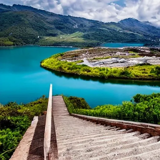 Que quieres haya como un lago y al final del lago haya una escalera que te lleve a las nubes y en las nubes hay casitas y para llegar a esa escalera en el lago hay un puerto y te llevan en bote