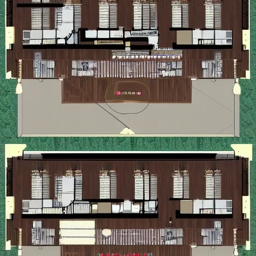 plan of the first and second floor of a big pub with a dancefloor on the first floor, and a balcon for smokers, a zone for games in the second floor and bathrooms in both