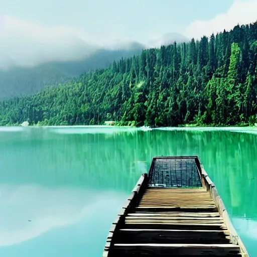 Imagine a beautiful lake. At the end of the lake, there is a staircase that leads you to the clouds. In the clouds, you will find little houses. To reach the staircase, there is a port on the lake where you can take a boat.