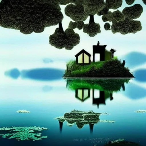 Imagine a beautiful lake. At the end of the lake, there is a staircase that leads you to the clouds. In the clouds, you will find little houses.