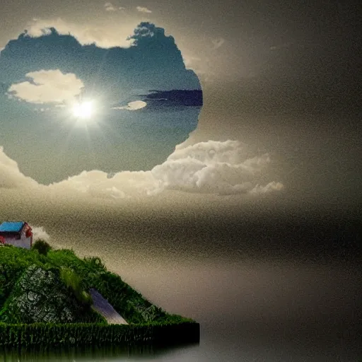 Imagine a beautiful lake. At the end of the lake, there is a staircase that leads you to the clouds. In the clouds, you will find little houses. Stable Diffusion, 3D, Water Color