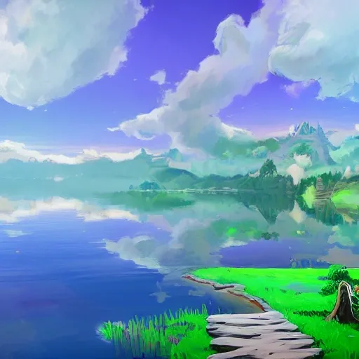 concept art painting of a beautiful lake. At the end of the lake, there is a staircase that leads you to the clouds. In the clouds, you will find a house, realistic, detailed, in the style of breath of the wild , 3D, mdjrny-v4 style