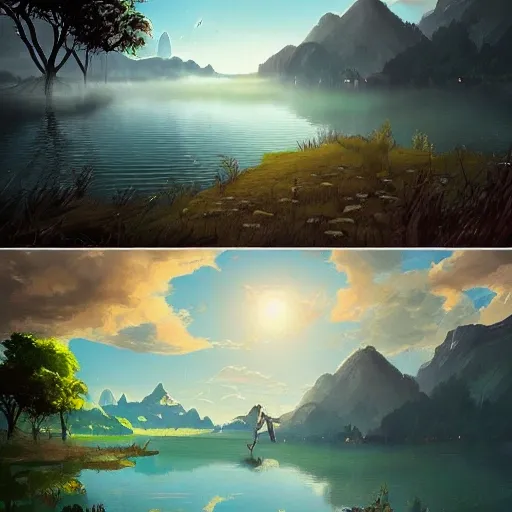 concept art painting of a beautiful lake. At the end of the lake, there is a staircase that leads you to the clouds. In the clouds, you will find a house, glowing yellow clouds, blue sky, realistic, detailed, in the style of breath of the wild , 3D, mdjrny-v4 style