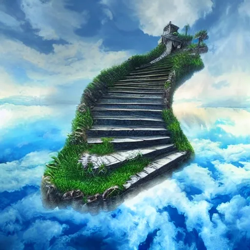 concept art painting of a fantasy lake, staircase to the clouds, house in the clouds, blue sky, realistic, detailed, 3D, mdjrny-v4 style