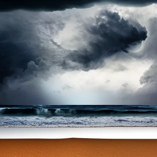 view of a turbulent swells of a violent ocean storm, inside a glass bottle on the beach in dramatic thunderous sky at dusk at center a closeup of large tall pirate ship with sails, breaking light