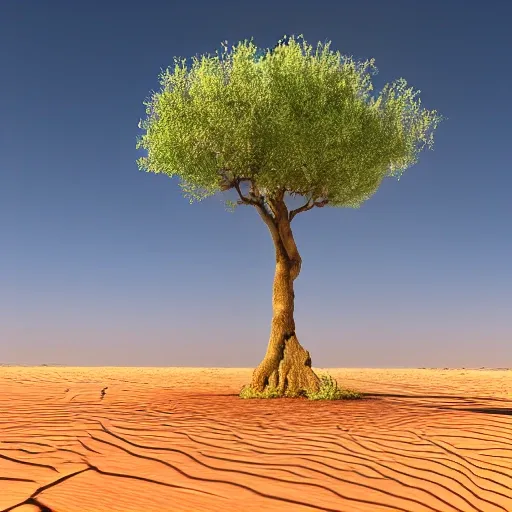 a rare tree standing in the desert, hyper-reaistic, 8k resolution,