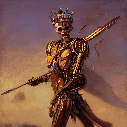 king of bionic skeletons with a crown of blades, shot at golden hour, by gaston bussiere