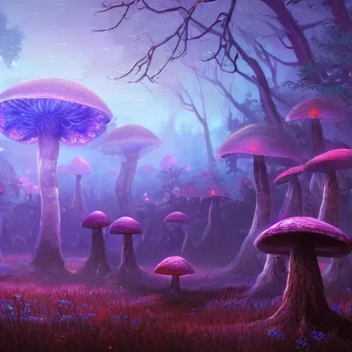 concept art painting of a fantasy alien fungal landscape at night, with glowing blue lights, glowing blue mushrooms, dark purple sky, realistic, detailed, cel shaded, in the style of makoto shinkai and greg rutkowski and albert bierstadt and james gurney