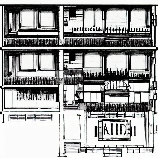 plan of the first and second floor of a big pub with a dancefloor on the first floor, and a balcon for smokers, a zone for games in the second floor and bathrooms in both, Pencil Sketch