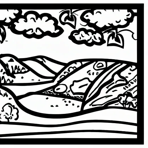 coloring page of a landscape, grayscale, Cartoon