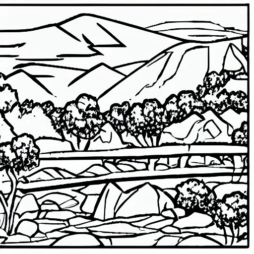 coloring page of a landscape, grayscale, Cartoon, without edges