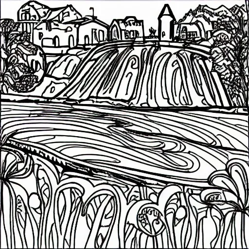 large coloring page of a landscape, grayscale, Cartoon, without edges