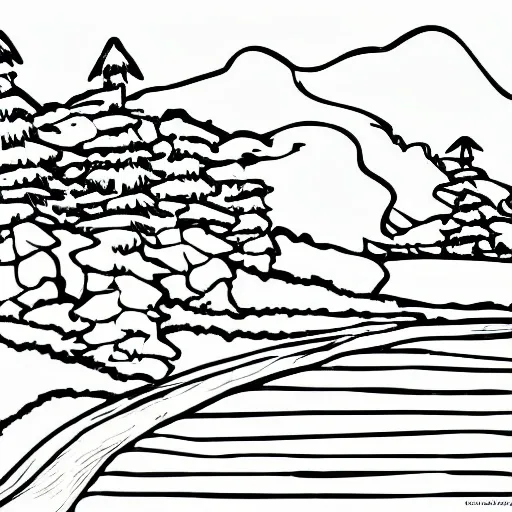 large coloring page of a landscape, grayscale, Cartoon, realistic, without edges