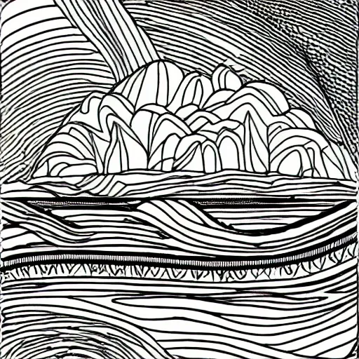 large coloring page of a landscape, grayscale, Cartoon, realistic, tiny lines, without edges