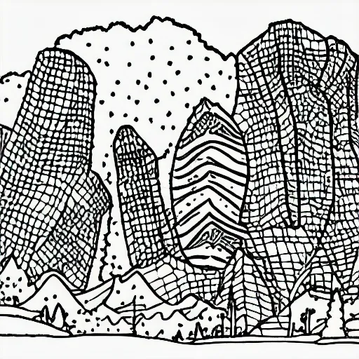 large coloring page of a landscape, grayscale, Cartoon, tiny lines, without edges, comic drawing style