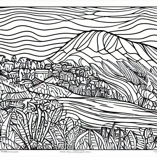 large coloring page of a landscape, grayscale, Cartoon, realistic, without edges