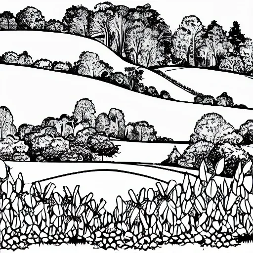 large coloring page of a landscape, grayscale, Cartoon, realistic, without edges, detailed