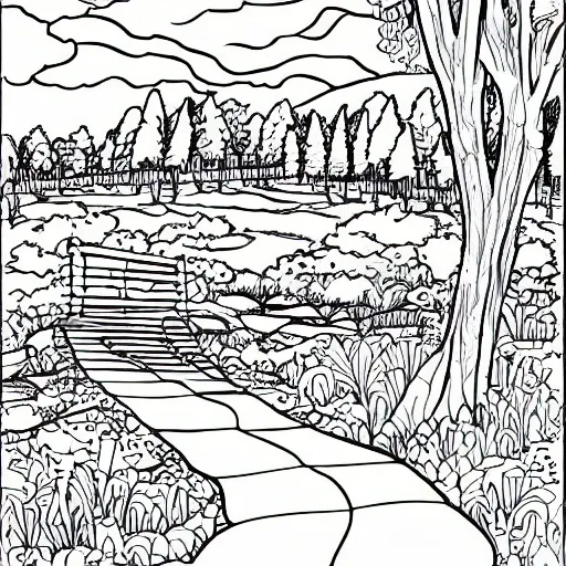 large coloring page of a landscape, grayscale, Cartoon, realistic, without edges, detailed