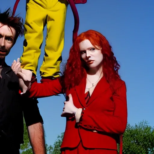 A red-haired girl with her hands tied above her head, accompanied by a man who would resemble David Tennant, wearing a yellow suit and holding a yellow whip, stands beside her.
