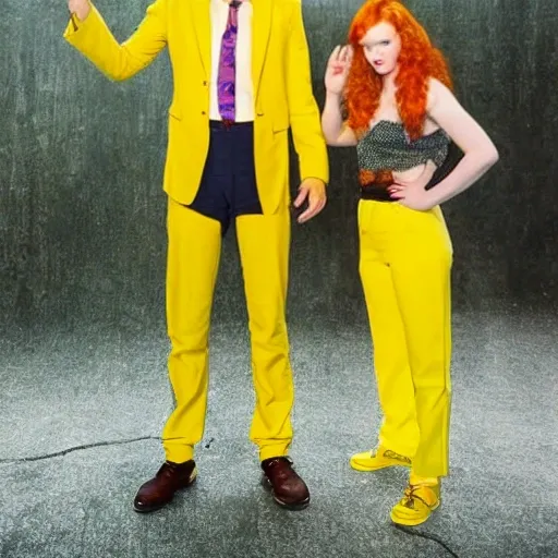 a redhead girl with her hands tied above her head and next to her a man who is David Tennant wearing a yellow suit and a yellow whip realistic