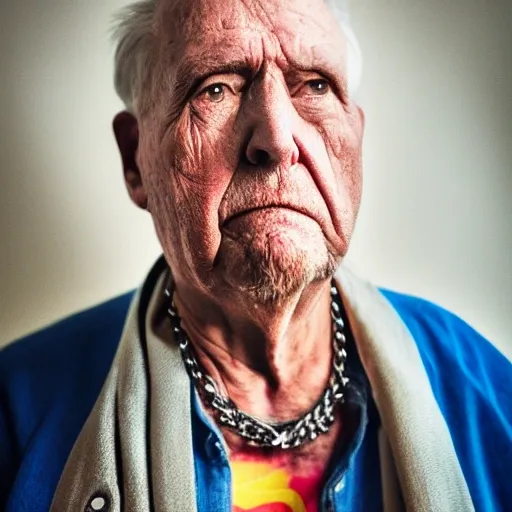 A portrait of an old man wearing Hiphop maximalist shirt, nose earing, and chain necklace, looking away from the camera with a thoughtful expression. He is wearing a denim jacket and a scarf. The background is a street with some buildings and cars. **The light source is the sun on the right side of the frame, creating a warm and bright light on his face and body. The shadows are sharp and contrasted.*