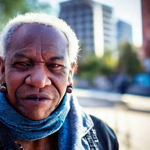 A portrait of an black old man wearing Hiphop maximalist shirt, nose earing, and chain necklace, looking away from the camera with a thoughtful expression. He is wearing a denim jacket and a scarf. The background is a street with some buildings and cars. **The light source is the sun on the right side of the frame, creating a warm and bright light on his face and body. The shadows are sharp and contrasted.*