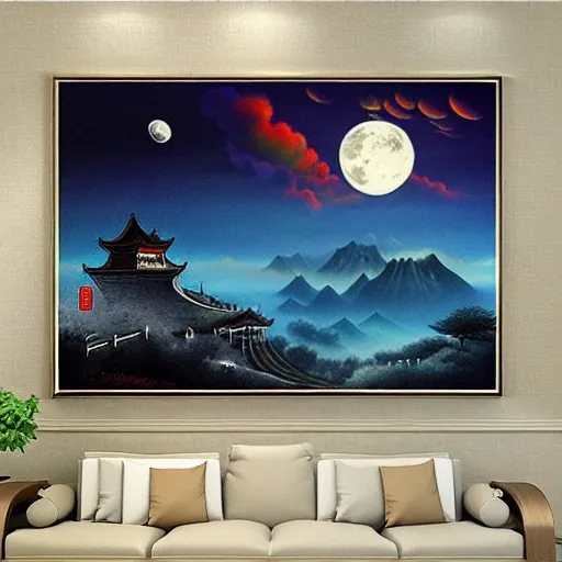 National Wind, illustration, Dream, Tang Dynasty, night, moon, mountain peak sea 8K Horizontal board, Chinese building, Oil Painting, Oil Painting, Trippy