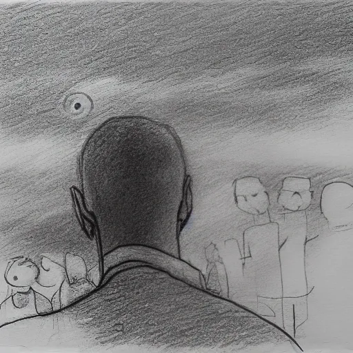 An artistic image of a man looking at the sun surrounded by people who look at the ground and cry., Pencil Sketch