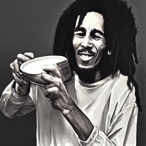 Bob Marley eating milk and cereals, hiperrealistic, masterpiece, highres