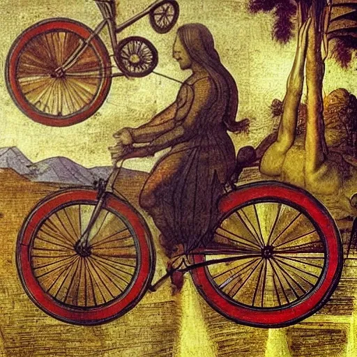 Make up a description of an image in which Leonardo da Vinci is riding a bicycle while imagining himself as Albert Hofmann discovering the effects of LSD. Da Vinci pedals enthusiastically as his mind fills with vibrant colors and mesmerizing patterns, inspiring the potent hallucinogen