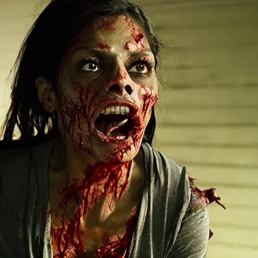 Rosario Dawson as a zombie, hiperrealistic, high-resolution, photorealistic, 8k
