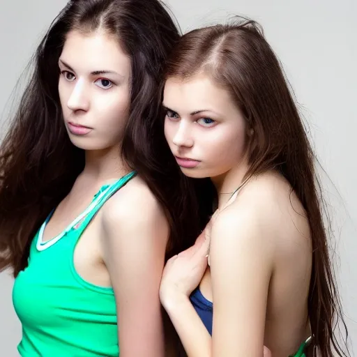 professional photo of two beautiful young woman, age 20, Russian，orgasm，model face，Refined Eyes，in bed，（beautiful eyes：1.2）, gorgeous beauty, white skin, symmetrical face, （wear green yoga tank top：1.5), brown hair, cinematic lighting, highly detailed, intricate, sharp focus, Beautiful Lighting, Lonely，hide hands:2，full body, Photo