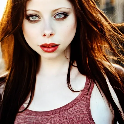 stunning Michelle Trachtenberg wearing shorts and a loose tank top in the city at dusk, analog style, modelshoot style, seductive gaze, perfect face, perfect eyes, detailed and intricate, ((highly detailed skin, 8K UHD, DSLR, high quality, film grain, Fujifilm XT3, hyper-sharp focus))