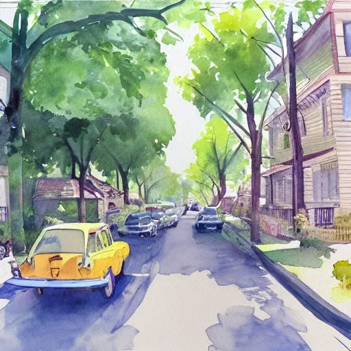 street lined with old residential houses summer watercolor by arti chauhan trending on artstation