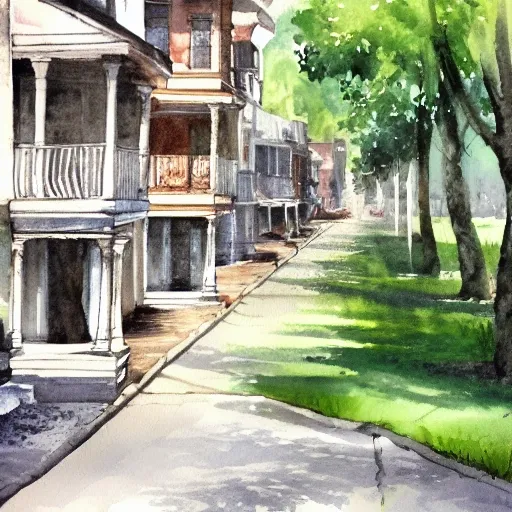 street lined with old residential houses summer watercolor by arti chauhan trending on artstation, 3D