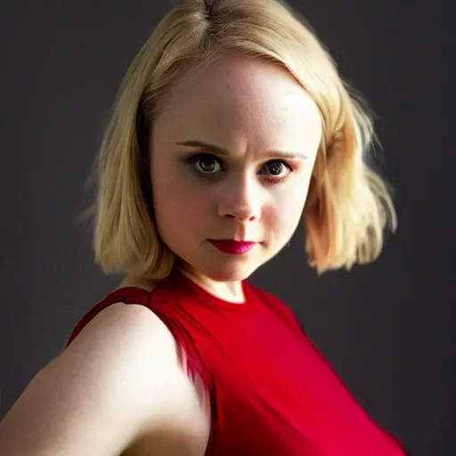 Gorgeous Alison Pill in a stunning red dress, modelshoot style by Annie Leibovitz, analog style, pushed-up c-cup tits, cleavage, perfect face, perfect eyes, detailed and intricate, hyper-sharp focus, depth of field, 85 mm, soft light, (((professionally color graded))), film grain, octane render, HDR, 8K, 3D