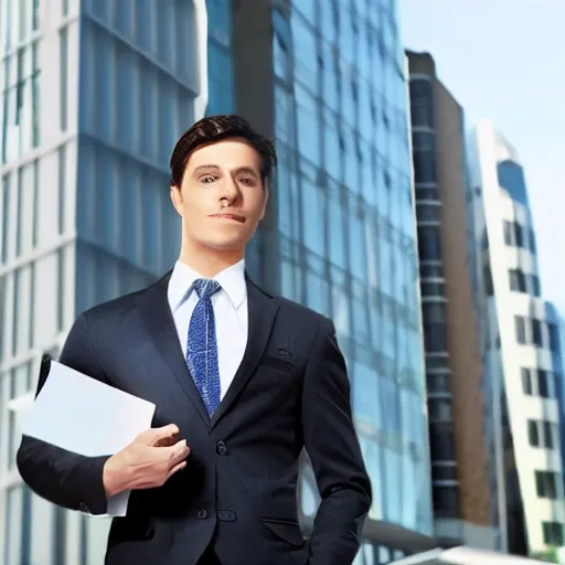 handsome professional looking business boy, office in the background, 30 years old, photo realistic
, 3D