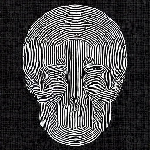 A ilustration, Drawing of a head of a skull, front view, colorless skull, made up of multiple small biometric lines and multiple small triangles with intertwined lines, white lines, t-shirt style, urban style, black background vector style,