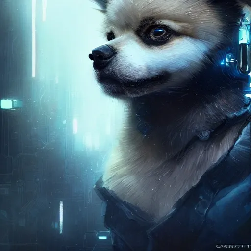 a beautiful portrait of a cute cyberpunk Pomeranian dog by greg rutkowski and wlop, black blue color scheme, high key lighting, digital art, highly detailed, fine detail, intricate, ornate, complex 