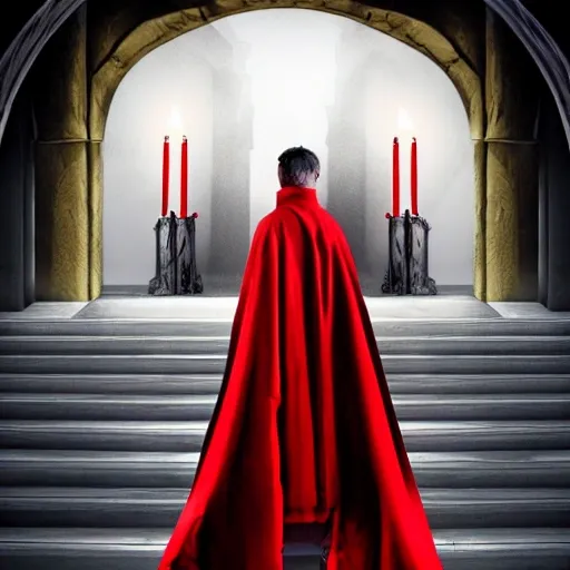 bram stroker's dracula, gothic, digital art, red eyes, cape, full body, fangs, highly detailed face, descending stairs, red carpet, candles