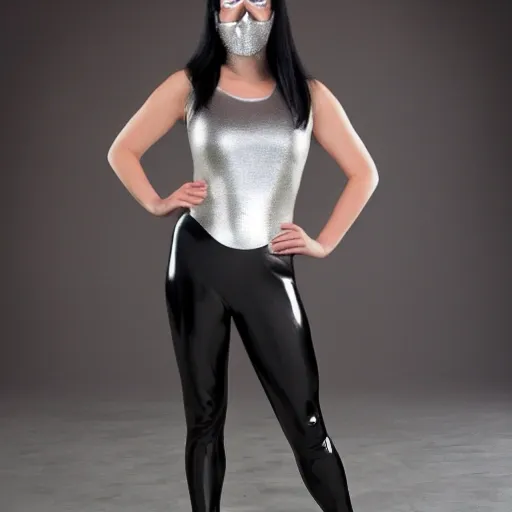 A woman with shiny black hair, standing full length, wearing a metallic silver T-shirt, and metallic tight leggings. With black pointe shoes. On her face she has a silver superhero mask and she has green eyes.

