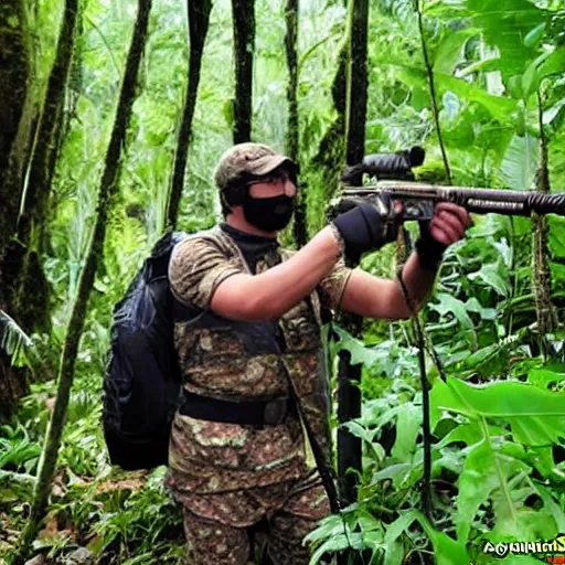 Imagine una imagen muy realista que represente a soldados ecuatorianos en la densa selva amazónica. La escena está llena de exuberante vegetación y una atmósfera vibrante y húmeda. La patrulla está compuesta por 20 militares, todos musculosos y en excelente estado físico. Sus uniformes de combate están cubiertos de barro y hojas, mezclándose perfectamente con el entorno selvático. Cada soldado lleva equipo táctico, como rifles de asalto y mochilas de supervivencia. Sus rostros reflejan concentración y determinación mientras avanzan a través de la jungla en formación estratégica, listos para enfrentar cualquier desafío que se presente en su camino.