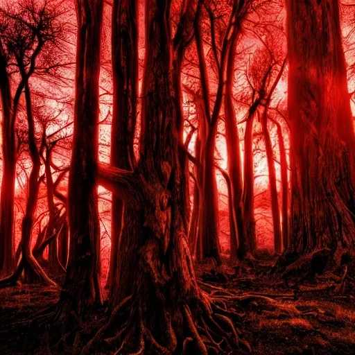 foreboding landscape of dead woods. the trees are twisted, and gnarled, with glowing red hieroglyphics carved into the bark. ((the scene is dark and shadowy))., best quality, high quality, highres, detail enhancement, 8k, hdr, sharp focus, ultra detailed, perfect lighting