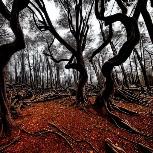 foreboding landscape of dead woods. the trees are twisted, and gnarled, with glowing red hieroglyphics carved into the bark. ((the scene is dark and shadowy))., best quality, high quality, highres, detail enhancement, 8k, hdr, sharp focus, ultra detailed, perfect lighting