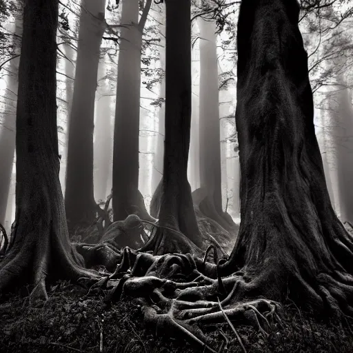 foreboding landscape of dead woods. the trees are twisted, and gnarled, with glowing red hieroglyphics carved into the bark. ((the scene is dark and shadowy))., best quality, high quality, highres, detail enhancement, 8k, hdr, sharp focus, ultra detailed, perfect lighting