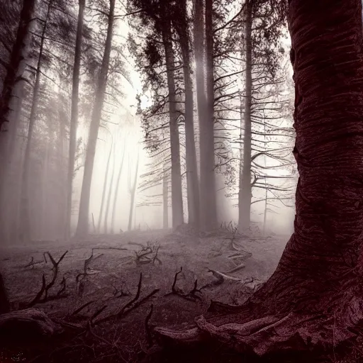 foreboding landscape of dead woods. the trees are twisted, and gnarled, with glowing red hieroglyphics carved into the bark. ((the scene is dark and shadowy))., best quality, high quality, highres, detail enhancement, 8k, hdr, sharp focus, ultra detailed, perfect lighting