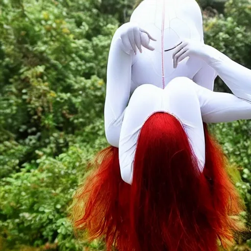 18 yo girl, white spider man suit, short red hair, redhead, beautiful face, rain, masterpiece, intricate detail, perfect anatomy, ass focus, arch back, <lora:GrabOwnAss-DIM1:1>, <lora:add_detail:0.5>