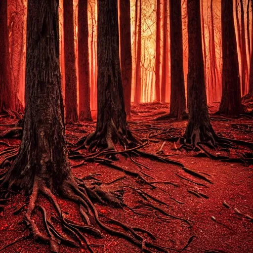 foreboding landscape of dead woods. the trees are twisted, and gnarled, with glowing red hieroglyphics carved into the bark. ((the scene is dark and shadowy))., best quality, high quality, highres, detail enhancement, 8k, hdr, sharp focus, ultra detailed, perfect lighting